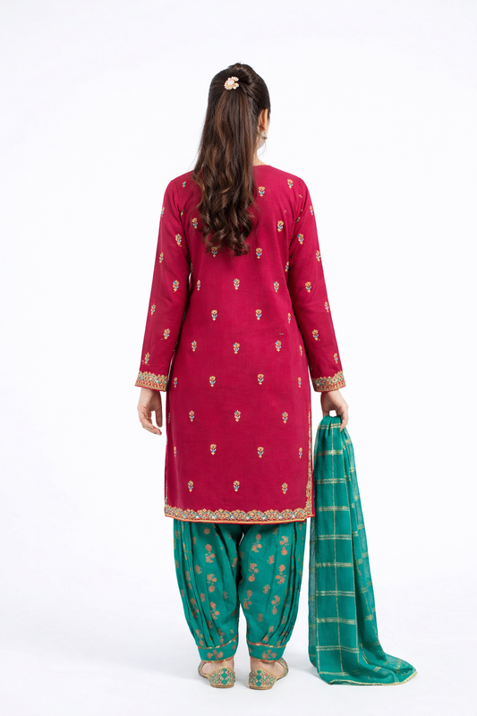 Girls Eid Dress | Shocking Pink & Turquoise Green | Formal 3 Piece Suit | Viscose Crinkle Chiffon | GDD-03344