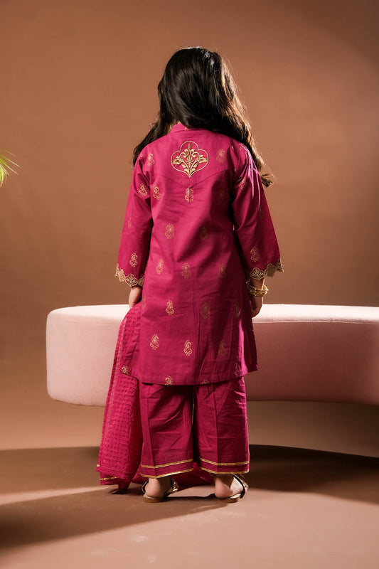 Kids Eid Dress | Magenta & Gold | Casual Plus 3 Piece Suit | Cotton Jacquard | KBD-03383