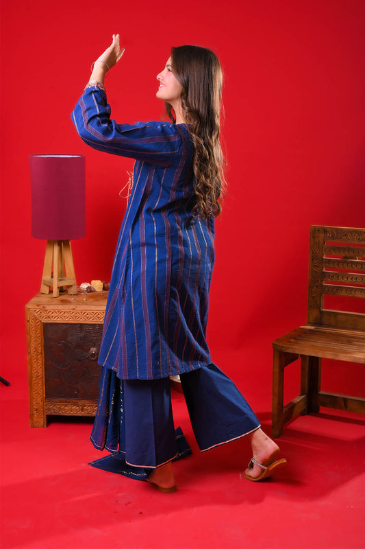 Girls Eid Dress | Blue & Multicolor | Casual Plus 3 Piece Suit  | Cotton Dobby | GBD-03349