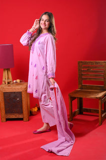 Girls Eid Dress | Purple & Multicolor | Casual Plus 3 Piece Suit | Cotton Plain | GBD-03333
