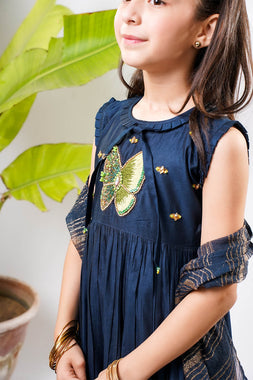 Kids formal clothes | Navy Blue & Gold | Formal 3 Piece Suit | Viscose Chambray Katan | KDD-03236