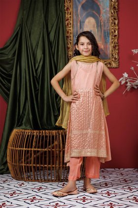 Kids formal clothes | Peach & Gold | Formal 3 Piece Suit | Viscose Raw-Silk | KDD-03106