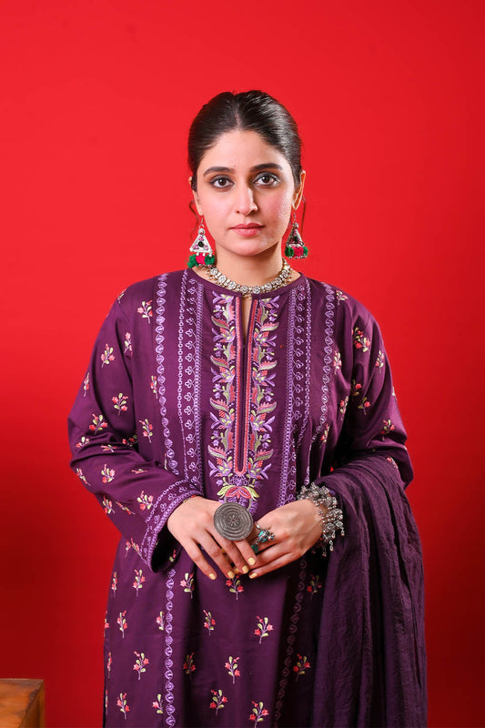 Women Eid Dress | Magenta & Multicolor | Casual Plus 3 Piece Suit | Cotton Plain | LBD-03331