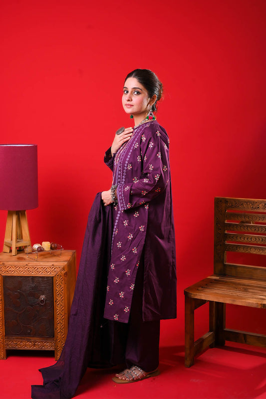 Women Eid Dress | Magenta & Multicolor | Casual Plus 3 Piece Suit | Cotton Plain | LBD-03331