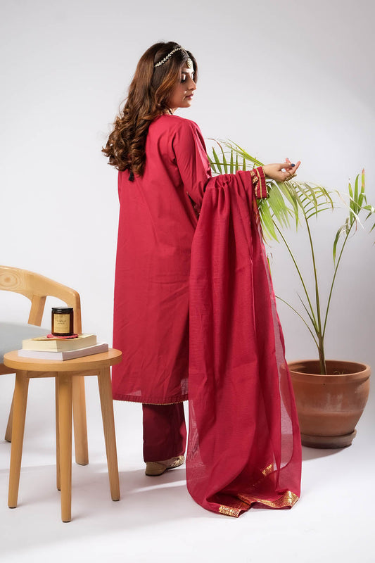 Women Eid Dress | Maroon & Gold | Casual Plus 3 Piece Suit | Cotton Foil Printed | LBD-03394