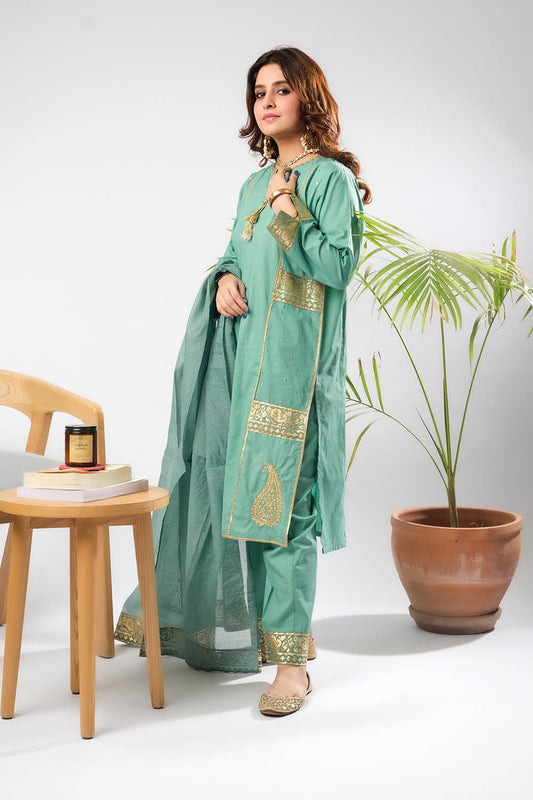 Women Eid Dress | Light Green & Gold | Casual Plus 3 Piece Suit | Cotton Foil Printed | LBD-03395