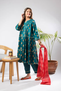 Girls formal clothes | Turquoise Blue & Multicolor | Formal 3 Piece Suit | Viscose Raw Silk | GDD-03293
