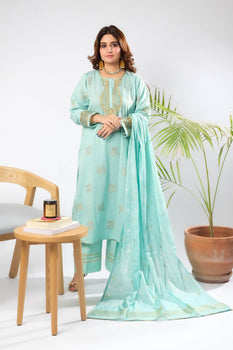 Women Eid Dress | Ferozi & Gold | Casual Plus 3 Piece Suit | Cotton Jacquard | LBD-03386