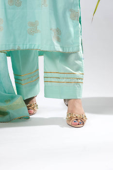 Women Eid Dress | Ferozi & Gold | Casual Plus 3 Piece Suit | Cotton Jacquard | LBD-03386