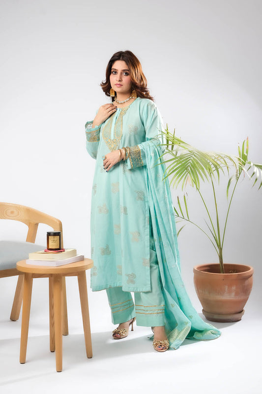 Women Eid Dress | Ferozi & Gold | Casual Plus 3 Piece Suit | Cotton Jacquard | LBD-03386