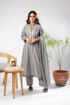 Women Eid Dress | Grey & Multicolor | Casual Plus 3 Piece Suit | Cotton Dobby Gold | LBD-03401