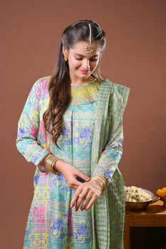 Girls formal clothes | Digital Print & Multicolor | Formal 3 Piece Suit  | Polyester Tussar Silk | GDD-03259