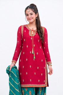Girls Eid Dress | Shocking Pink & Turquoise Green | Formal 3 Piece Suit  | Viscose Crinkle Chiffon | GDD-03344