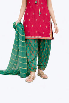 Girls Eid Dress | Shocking Pink & Turquoise Green | Formal 3 Piece Suit  | Viscose Crinkle Chiffon | GDD-03344