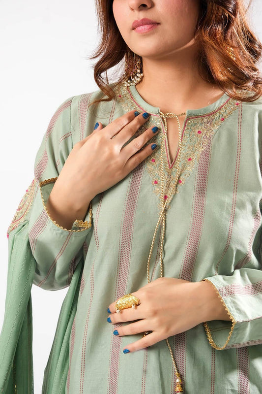 Women Eid Dress | Sea Green & Multicolor | Casual Plus 3 Piece Suit | Cotton Dobby Gold | LBD-03404